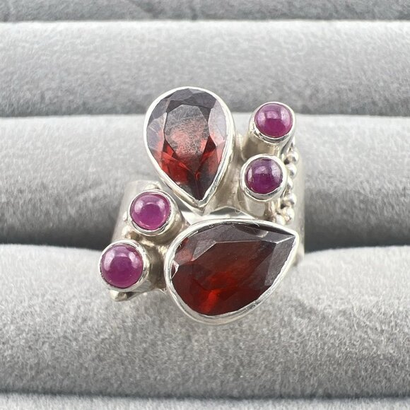 Sajen Ring Sterling Silver Garnet Bypass Adjustable 925 Red Pink Size 7 - 10 - Picture 1 of 11
